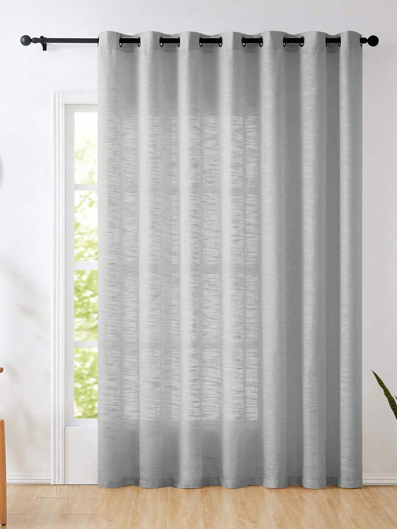 Linen Curtain Eyelet - Gri Polyester Keten Dokulu Yarı Saydam